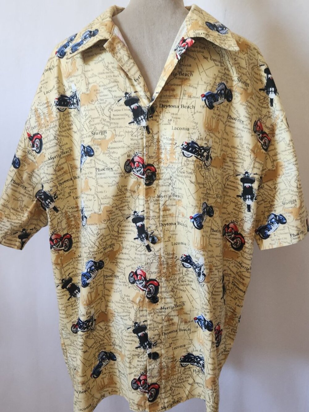 Cruz'n Men SZ XL Motorcycle Novelty Print Cotton Short Sleeve Button Down Shirt
